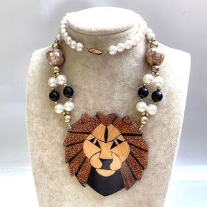 Statement Lion Pendant Necklace with Pearl and Bead Accents Vintage